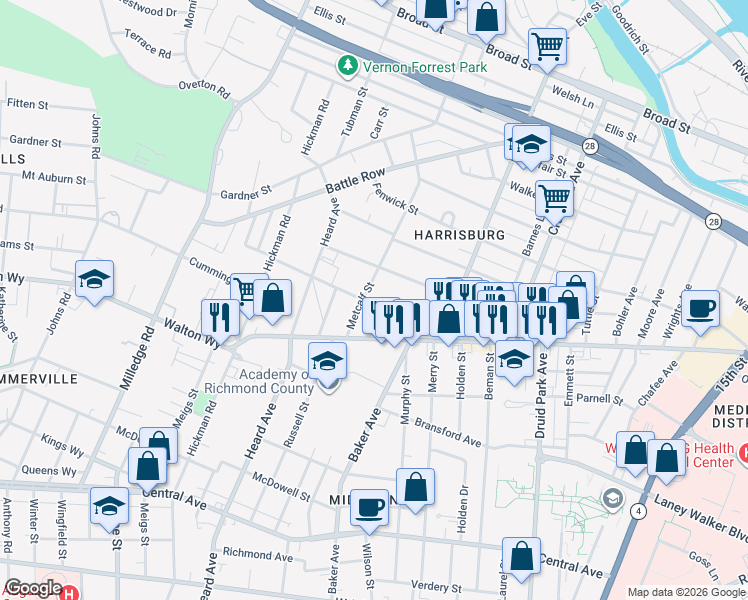 map of restaurants, bars, coffee shops, grocery stores, and more near 1943 Heckle Street in Augusta