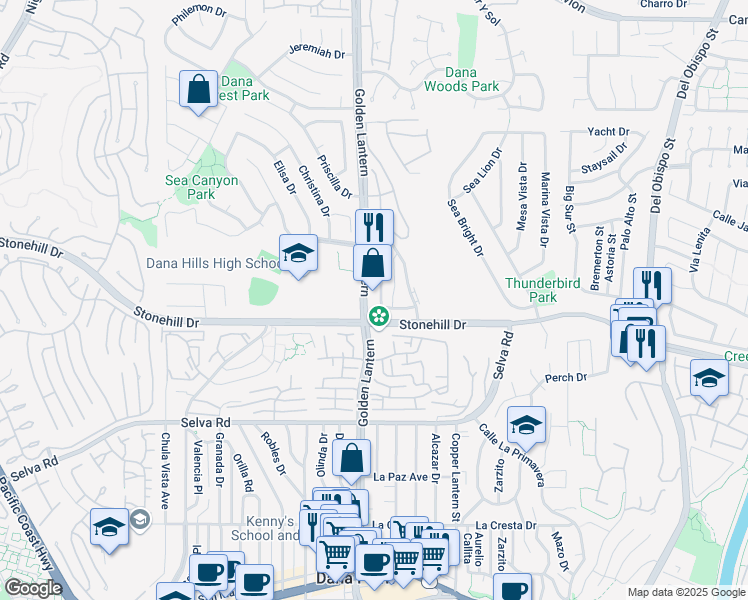 map of restaurants, bars, coffee shops, grocery stores, and more near 33431 Nottingham Way in Dana Point