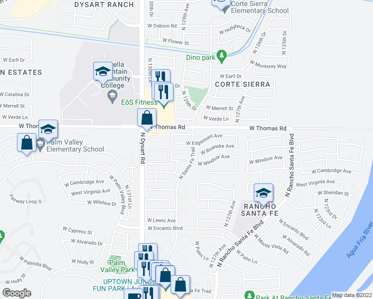 map of restaurants, bars, coffee shops, grocery stores, and more near 2642 North 127th Lane in Avondale