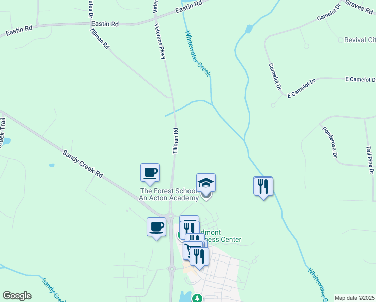 map of restaurants, bars, coffee shops, grocery stores, and more near 539 Veterans Parkway in Fayetteville