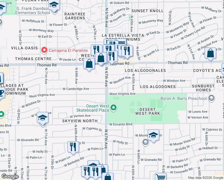 map of restaurants, bars, coffee shops, grocery stores, and more near 6650 Virginia Avenue in Phoenix