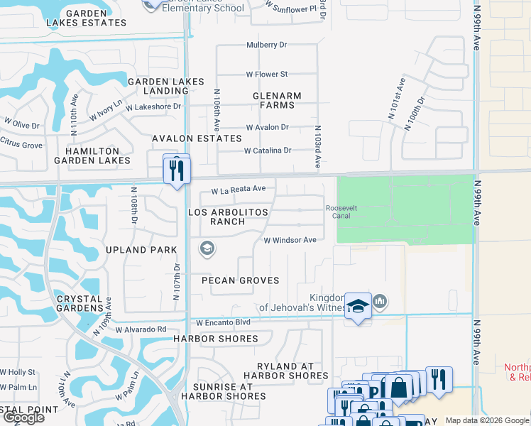 map of restaurants, bars, coffee shops, grocery stores, and more near 10506 West Roanoke Avenue in Avondale