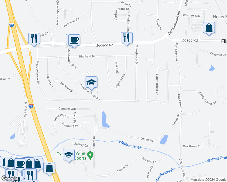 map of restaurants, bars, coffee shops, grocery stores, and more near 134 Highland Circle in McDonough