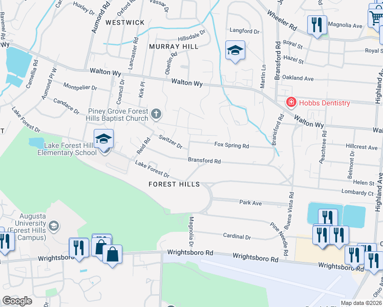 map of restaurants, bars, coffee shops, grocery stores, and more near 3039 Bransford Road in Augusta