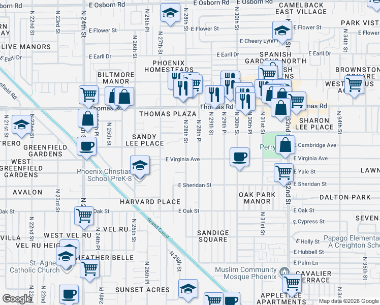map of restaurants, bars, coffee shops, grocery stores, and more near 2802 East Virginia Avenue in Phoenix