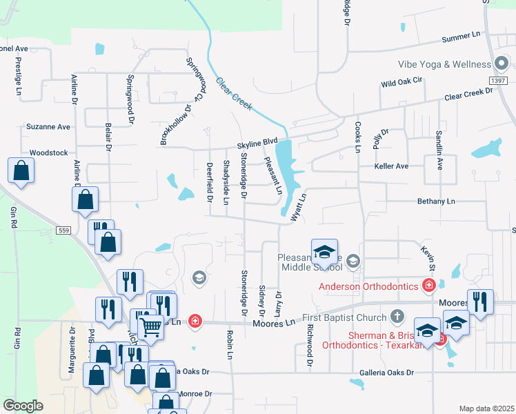 map of restaurants, bars, coffee shops, grocery stores, and more near 6006 Pleasant Lane in Texarkana