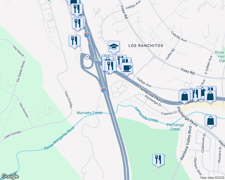 map of restaurants, bars, coffee shops, grocery stores, and more near 44715 La Paz Road in Temecula