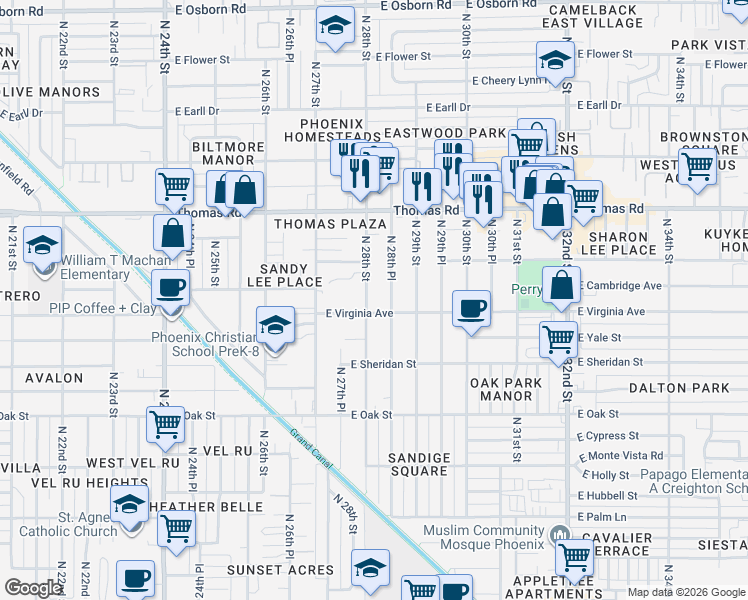 map of restaurants, bars, coffee shops, grocery stores, and more near 2802 East Virginia Avenue in Phoenix