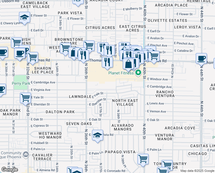 map of restaurants, bars, coffee shops, grocery stores, and more near 2607 North 36th Street in Phoenix
