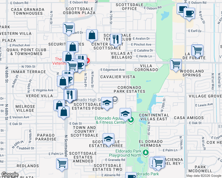 map of restaurants, bars, coffee shops, grocery stores, and more near 7502 East Virginia Avenue in Scottsdale