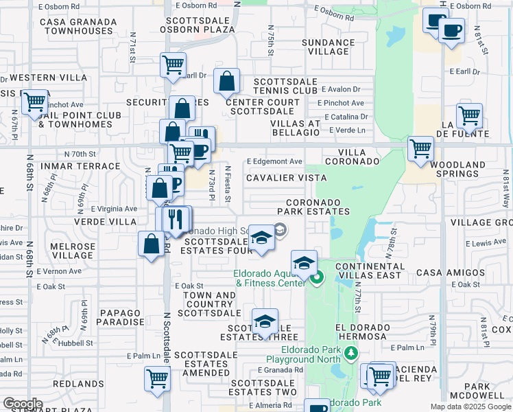 map of restaurants, bars, coffee shops, grocery stores, and more near 7414 East Virginia Avenue in Scottsdale