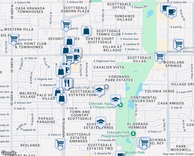 map of restaurants, bars, coffee shops, grocery stores, and more near 7414 East Virginia Avenue in Scottsdale