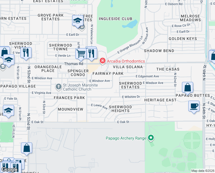 map of restaurants, bars, coffee shops, grocery stores, and more near 5704 East Cambridge Avenue in Scottsdale