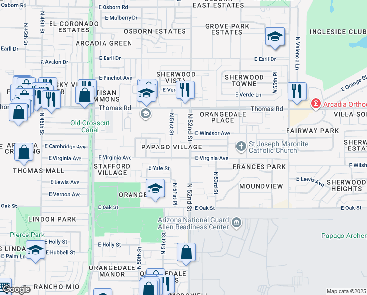 map of restaurants, bars, coffee shops, grocery stores, and more near 5116 East Virginia Avenue in Phoenix