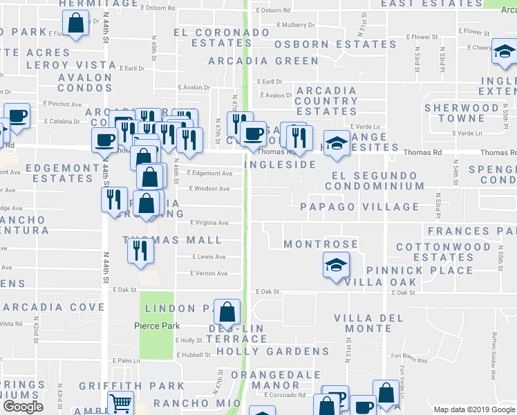 map of restaurants, bars, coffee shops, grocery stores, and more near 2611 North 48th Street in Phoenix