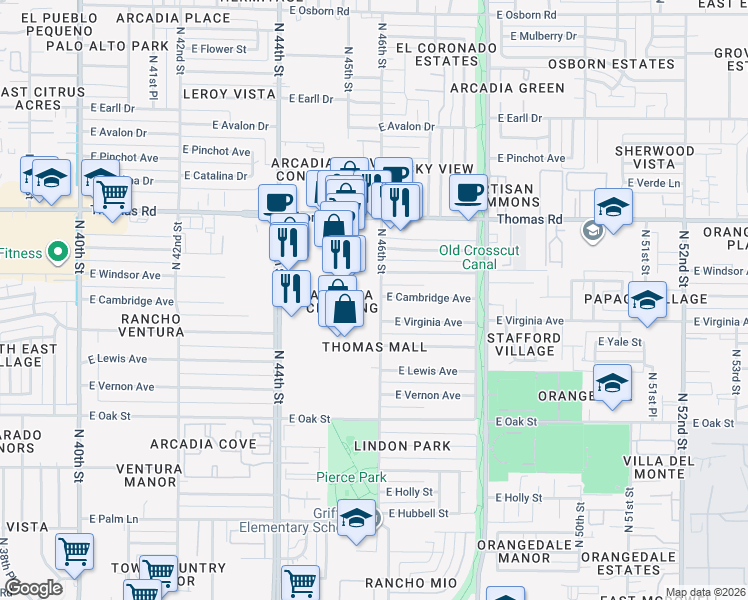 map of restaurants, bars, coffee shops, grocery stores, and more near 4601 East Cambridge Avenue in Phoenix
