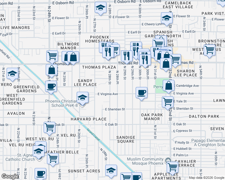 map of restaurants, bars, coffee shops, grocery stores, and more near 2802 East Virginia Avenue in Phoenix