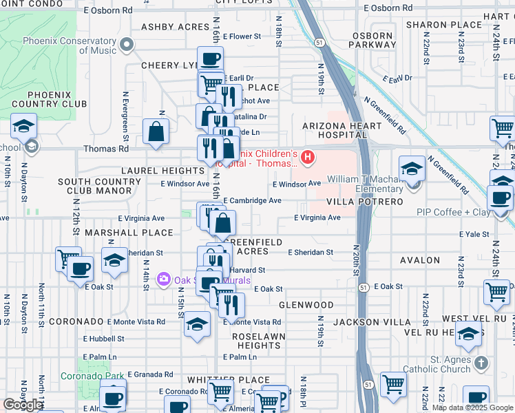 map of restaurants, bars, coffee shops, grocery stores, and more near 2630 North 17th Street in Phoenix