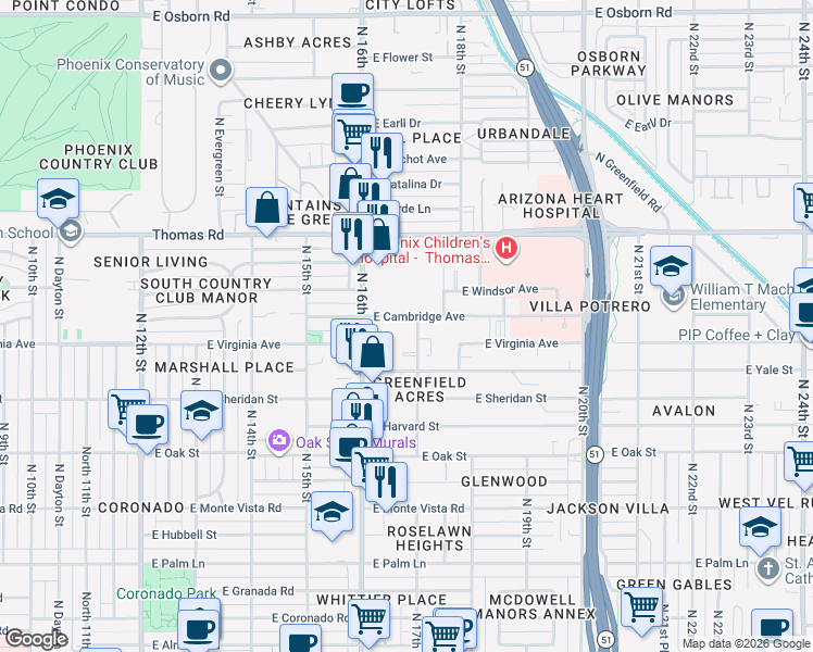 map of restaurants, bars, coffee shops, grocery stores, and more near 2630 North 17th Street in Phoenix