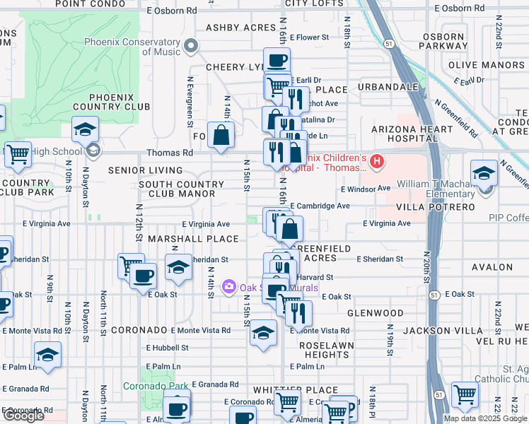 map of restaurants, bars, coffee shops, grocery stores, and more near 1528 East Virginia Avenue in Phoenix