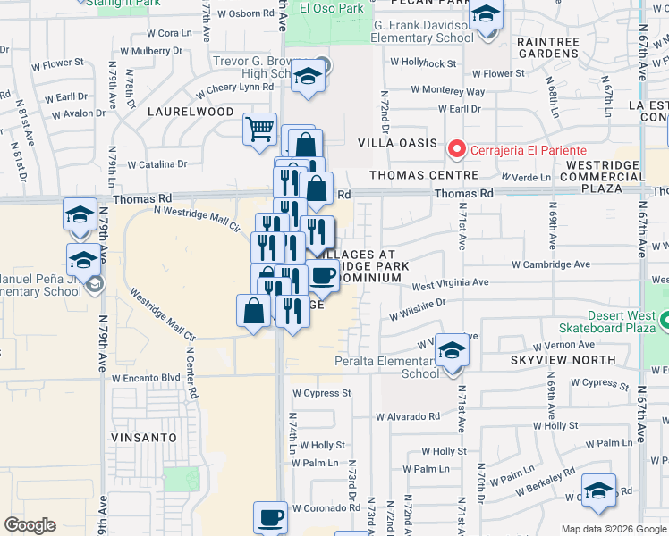 map of restaurants, bars, coffee shops, grocery stores, and more near 2620 North 73rd Glen in Phoenix