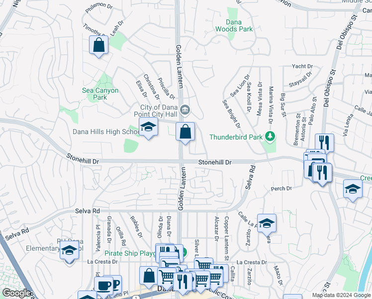 map of restaurants, bars, coffee shops, grocery stores, and more near 33441 Nottingham Way in Dana Point