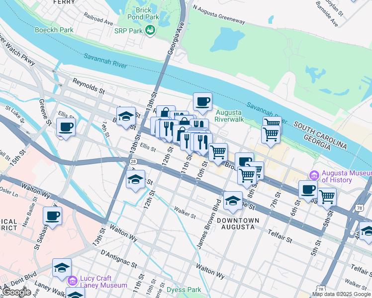 map of restaurants, bars, coffee shops, grocery stores, and more near 1128 Broad Street in Augusta