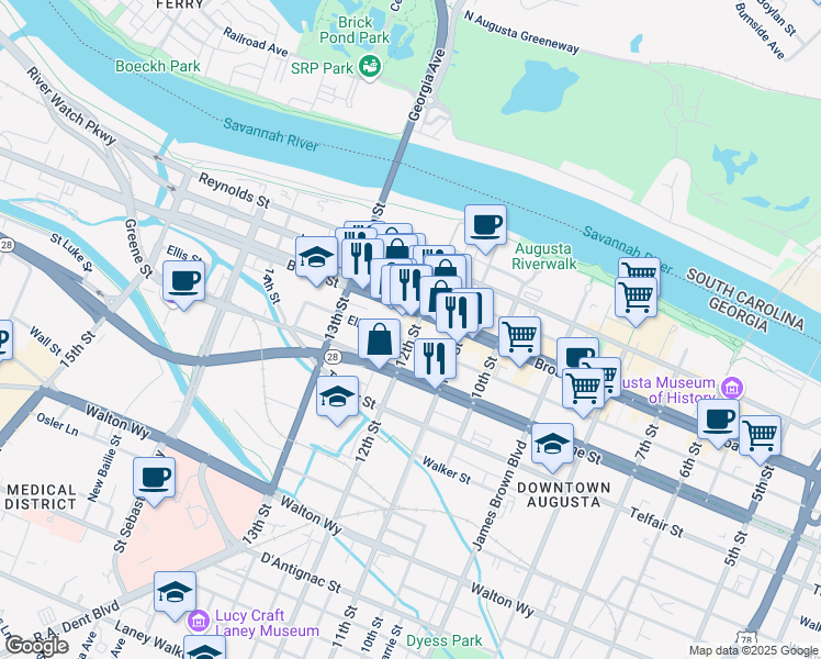 map of restaurants, bars, coffee shops, grocery stores, and more near 221 12th Street in Augusta