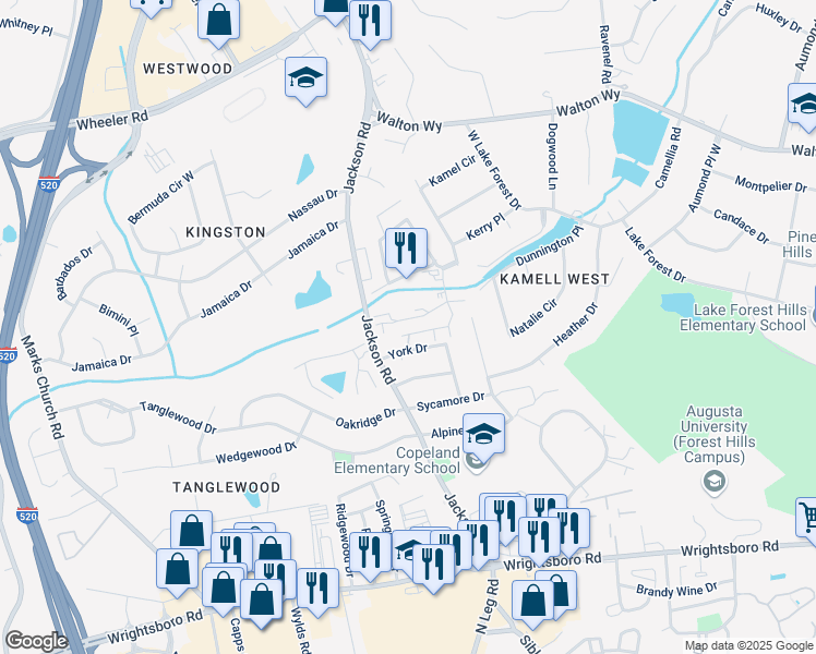 map of restaurants, bars, coffee shops, grocery stores, and more near 750 Courtview Drive in Augusta