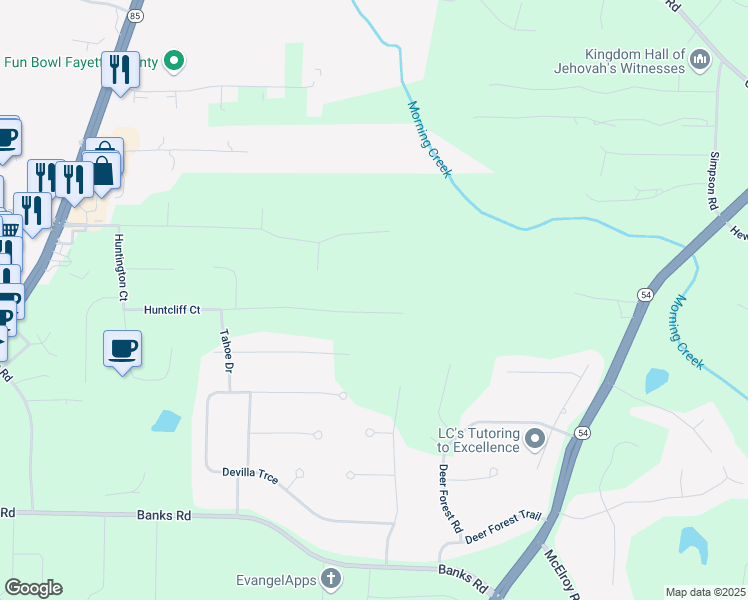 map of restaurants, bars, coffee shops, grocery stores, and more near 250 Huntcliff Court in Fayetteville