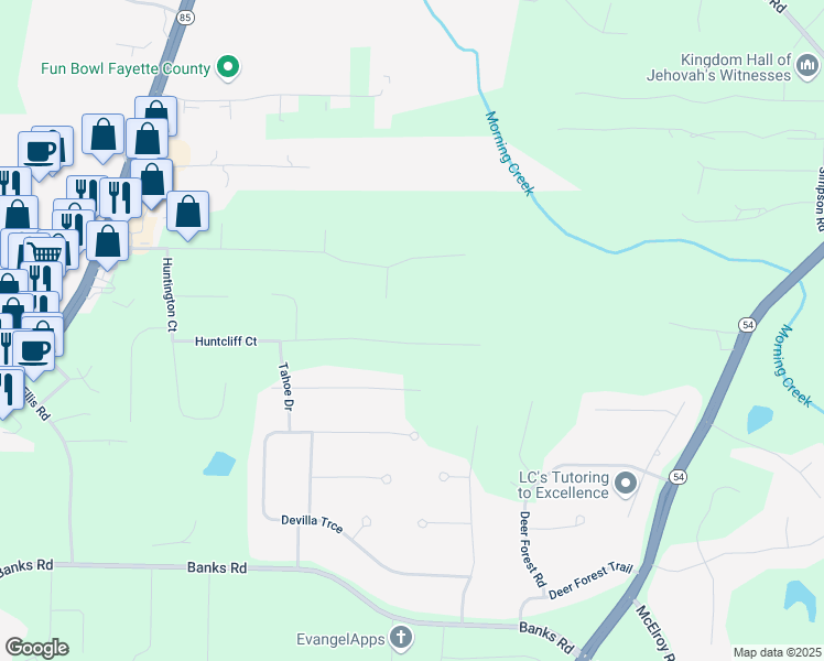 map of restaurants, bars, coffee shops, grocery stores, and more near 230 Huntcliff Court in Fayetteville