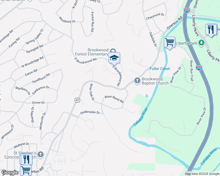 map of restaurants, bars, coffee shops, grocery stores, and more near 3421 Overton Road in Birmingham