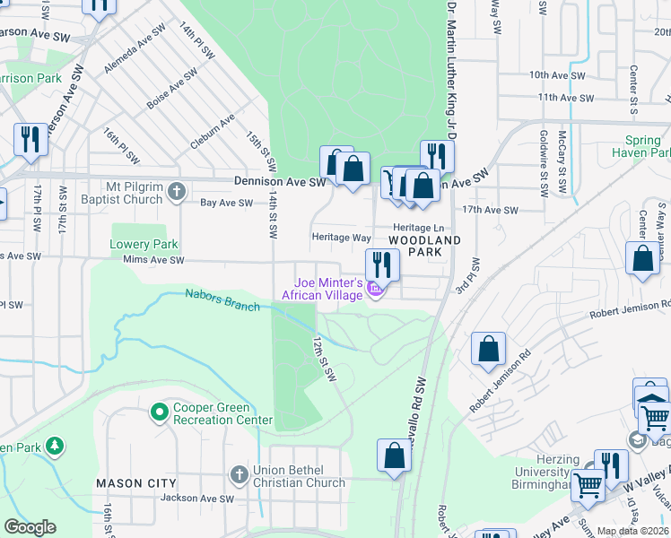 map of restaurants, bars, coffee shops, grocery stores, and more near 1517 12th Street Southwest in Birmingham