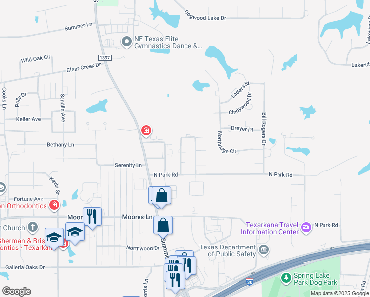 map of restaurants, bars, coffee shops, grocery stores, and more near 10 Greenbriar Forest Circle in Texarkana