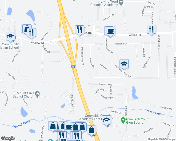 map of restaurants, bars, coffee shops, grocery stores, and more near 145 Meadowbrook Drive in McDonough