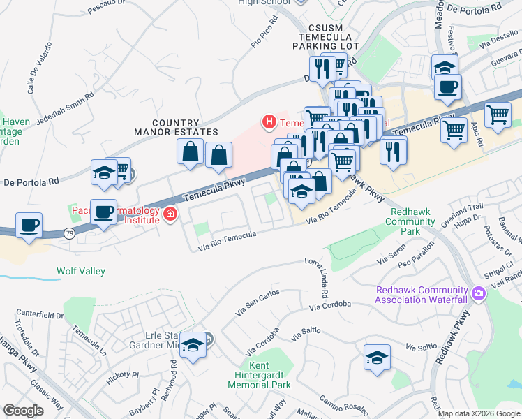 map of restaurants, bars, coffee shops, grocery stores, and more near 44682 Arbor Lane in Temecula