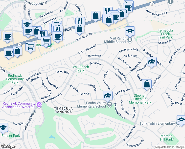 map of restaurants, bars, coffee shops, grocery stores, and more near 33039 Harmony Lane in Temecula
