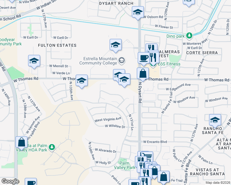map of restaurants, bars, coffee shops, grocery stores, and more near 13252 West Edgemont Avenue in Goodyear