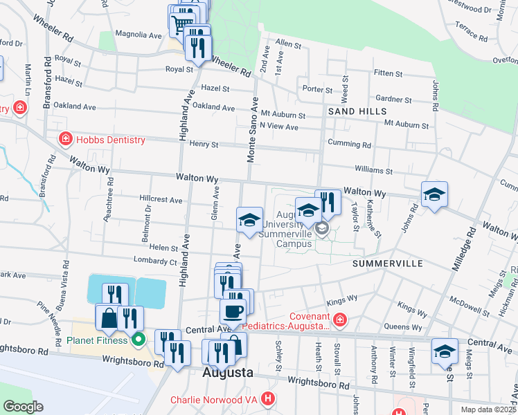 map of restaurants, bars, coffee shops, grocery stores, and more near 1141 Arsenal Avenue in Augusta
