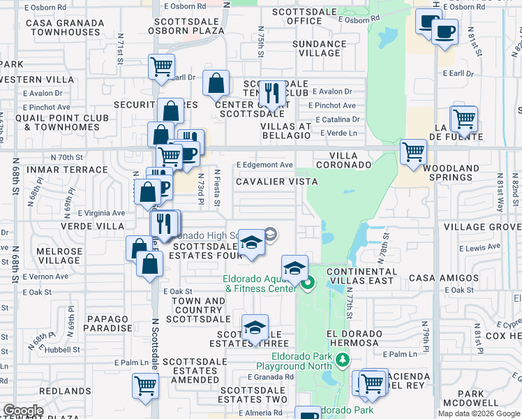 map of restaurants, bars, coffee shops, grocery stores, and more near 7502 East Virginia Avenue in Scottsdale