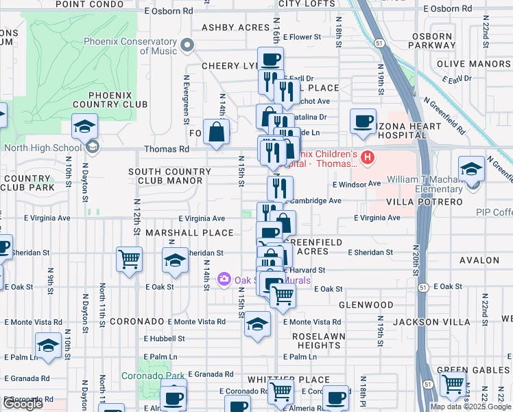 map of restaurants, bars, coffee shops, grocery stores, and more near 1528 East Virginia Avenue in Phoenix