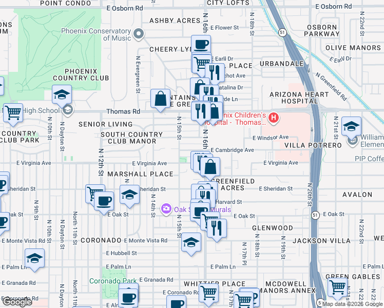map of restaurants, bars, coffee shops, grocery stores, and more near 1528 East Virginia Avenue in Phoenix