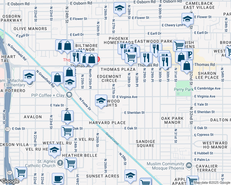 map of restaurants, bars, coffee shops, grocery stores, and more near 2714 East Virginia Avenue in Phoenix