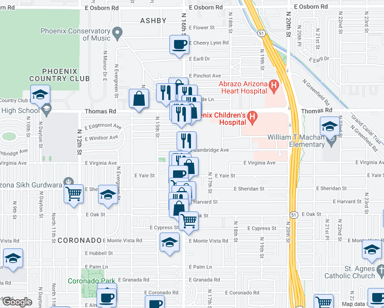map of restaurants, bars, coffee shops, grocery stores, and more near 1611 East Cambridge Avenue in Phoenix