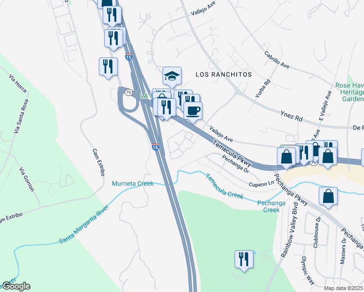 map of restaurants, bars, coffee shops, grocery stores, and more near 44554 La Paz Road in Temecula