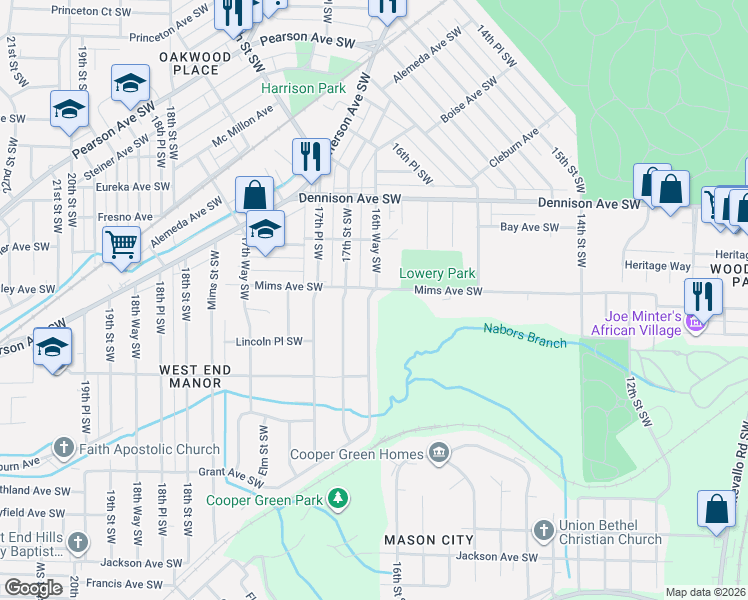 map of restaurants, bars, coffee shops, grocery stores, and more near 1504 16th Way Southwest in Birmingham