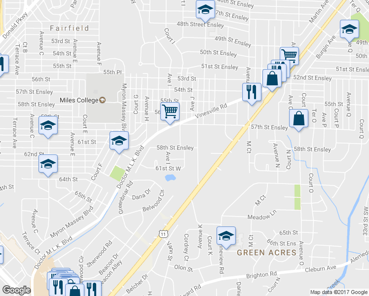 map of restaurants, bars, coffee shops, grocery stores, and more near 937 58th Street Ensley in Birmingham