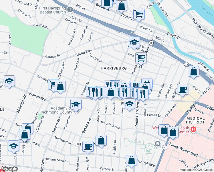 map of restaurants, bars, coffee shops, grocery stores, and more near 1904 Warren Street in Augusta