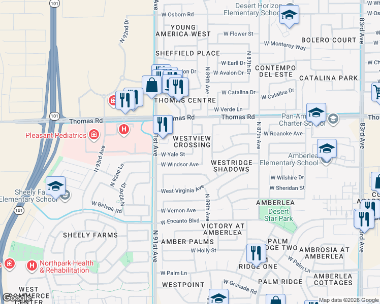 map of restaurants, bars, coffee shops, grocery stores, and more near 9015 West Yale Street in Phoenix