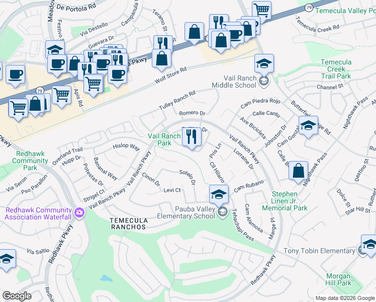 map of restaurants, bars, coffee shops, grocery stores, and more near 33039 Harmony Lane in Temecula